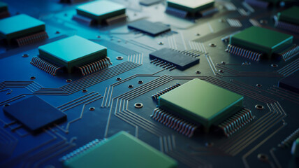 A close-up macro photograph of a high-tech circuit board with metallic copper traces and green solder mask.