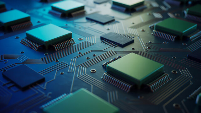 A close-up macro photograph of a high-tech circuit board with metallic copper traces and green solder mask.