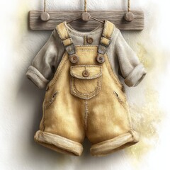 Yellow baby overalls with shirt hanging on rustic hook