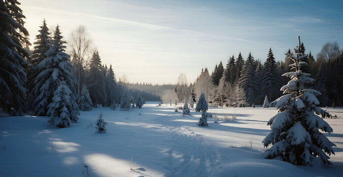 Icy landscape on a bright sunny day. Ai - Powered by Adobe