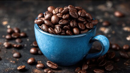 A blue mug is filled with roasted coffee beans, displaying their deep brown color and texture. The background is dark and textured, highlighting the coffee's richness and inviting aroma.