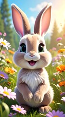 Cute cartoon bunny in a flower field
