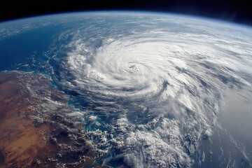 Satellite view of tropical cyclone swirling over ocean