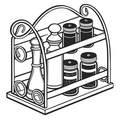 Spice Rack Delight Cartoon Display of Culinary Flavoring in Jars and Bowls on a Wooden Shelving Unit