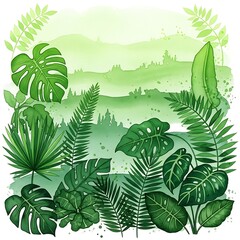 Vibrant green foliage, intricately detailed and arranged against a soft, shaded backdrop of a misty landscape, creates a serene and tropical aesthetic.
