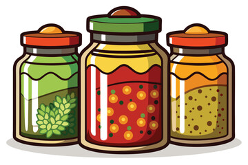 Colorful Cartoon Illustration of Three Spice Jars with Varying Fillings Standing Side By Side on a White Background