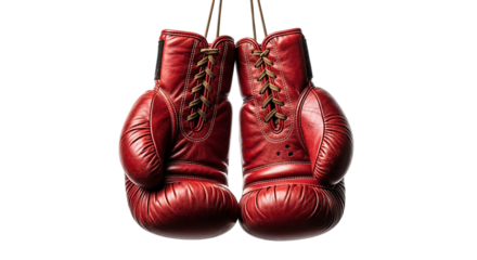 The weathered red boxing gloves hanging as a symbol of retired glory or a rest before next on transparent background