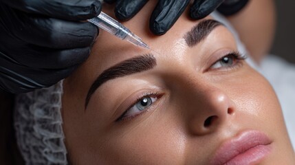 A woman is lying back while a beauty technician performs a microblading procedure on her eyebrows using specialized tools in a modern salon setting.