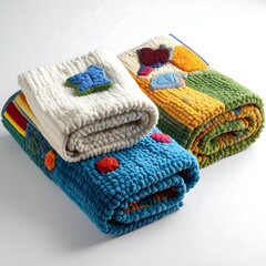 Colorful knitted rugs stacked