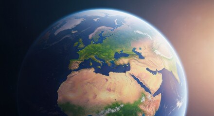 Naklejka premium Earth's European and African regions, as seen from space, with a vibrant sunrise or sunset glow