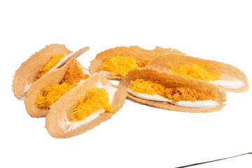 Photo of Thai crispy pancake taken with a high-resolution camera stacking focus technic using on a white background.