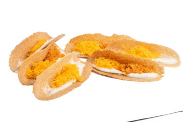 Photo of Thai crispy pancake taken with a high-resolution camera stacking focus technic using on a white background.