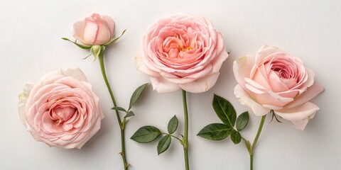Arrangement of four pink roses with green stems and leaves on a light background surface view