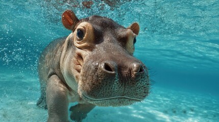 Fototapeta premium A hippopotamus glides through clear turquoise waters, showcasing its inquisitive nature as it explores the surroundings in a vibrant aquatic environment.