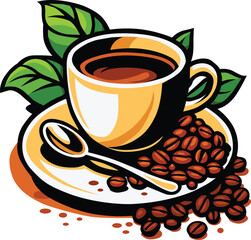 Coffee cup with saucer, spoon, roasted beans, and green leaves. A perfect symbol of caffeine, energy, and aroma. Editable EPS file for cafe, beverage, or branding themes.
