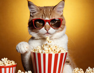 Funny cat wearing vintage sunglasses enjoys popcorn. Cute kitten watches movie, eats snacks. Hipster concept for fun design about cinema, leisure and entertainment.