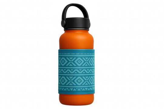 Reusable orange water bottle with blue geometric design sleeve isolated on transparent background promoting hydration and sustainability