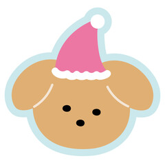 Illustration of happy puppy wearing Santa hat for Christmas, new year, festive winter season, dog cartoon, pet shop, vet, adopt and rescue animal, foster home, standee, pet costume, accessory, sticker