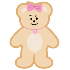 Illustration of teddy bear with pink bow for costume, accessory, Christmas, new year, festive winter season, cartoon character, comic, mascot, standee, sticker, patch, zoo, souvenir shop, expression