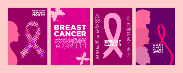 Breast Cancer Awareness Month posters set with pink ribbon, butterflies, and woman silhouettes for social media campaigns, posters, banners, hospitals and clinics digital awareness ads, and more.