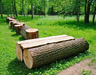 Wooden logs arranged as obstacle course in park, trail. Wooden trunks for balance training. Trail for walks, outdoor activities. Nature background, green grass, foliage