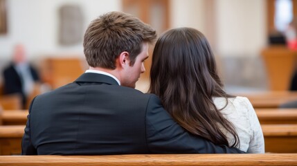 Man and woman couple sitting on church pew during a wedding ceremony or religious service, seen from behind.