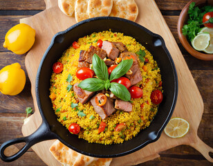 Traditional Moroccan couscous dish with meat, vegetables. Fresh food, served in black cast iron pan on wooden board. Healthy eating option