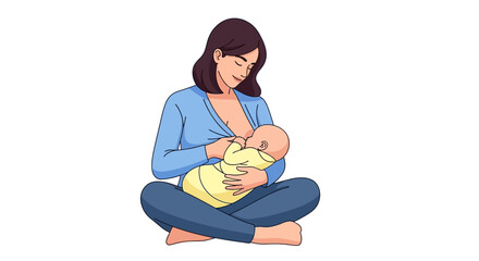Vector Illustration of Mother Breastfeeding Baby in Seated Position, Depicting Nurturing and Infant Care