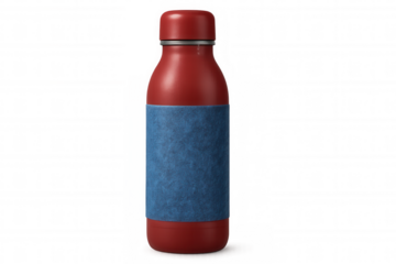 Minimalist red reusable water bottle with empty blue label, ready for custom branding against transparent white backdrop