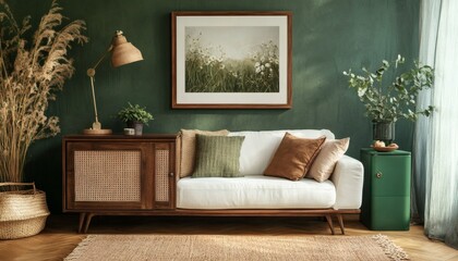A white linen sofa with brown and green pillows sits on a jute rug in front of a dark green wall, complemented by a wooden cabinet and side table, plants, and a framed botanical print.