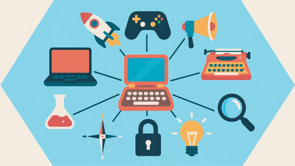 illustration of various connected icons covering elements from various fields vector design template