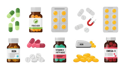 Vector Illustration of Pregnancy Medication and Supplement Bottles with Capsules, Tablets, and Blister Packs