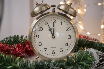 Antique clock striking midnight, symbolizing New Year's Eve, festive celebrations and time
