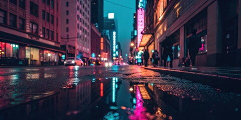 A wet city street at night with neon lights reflecting in puddles on the ground
