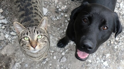 Two animals looking upward on a rocky ground.