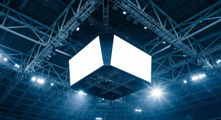 Blank display screen hanging from ceiling in indoor arena