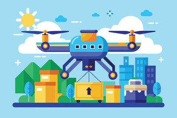 Naklejka premium Illustration of a drone delivering packages in a city with buildings and trees