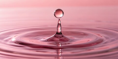 A single water droplet suspended above pink liquid creating ripples on the surface