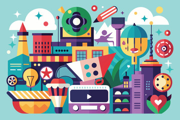 Naklejka premium Vector art of colorful cityscape illustration with various buildings, structures, and design elements in a vibrant and playful style