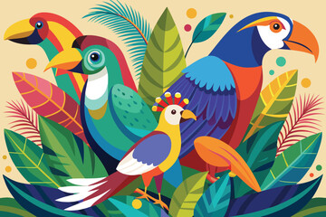 Obraz premium Vector art of colorful illustration of tropical birds with vibrant plumage and exotic foliage in a lush jungle setting