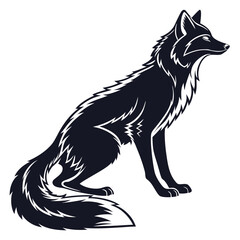 Obraz premium Stylized dark silhouette of a sitting fox with a bushy tail and sharp ears on a white background