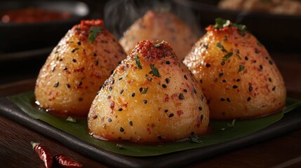 Four triangular, golden-brown, steamed rice dumplings, topped with red chili flakes and black sesame seeds, sit on a dark platter, resting on a wooden surface, with steam rising from them