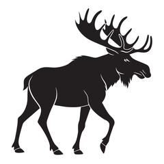 Majestic silhouette of a large bull moose with antlers walking confidently against a white background