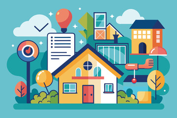 Vector art of a vibrant vector illustration showcasing a house with real estate elements, ideal for property and homerelated themes