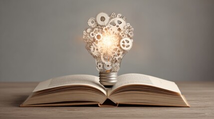 An open book rests on a wooden surface, with a light bulb filled with gears and illuminating ideas rising above it. The setting conveys inspiration and knowledge at a study space.