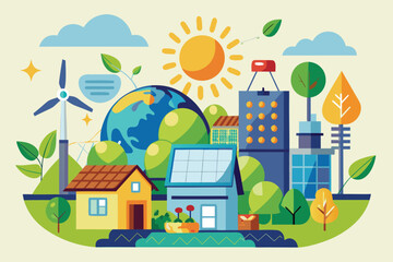 Vector art of eco friendly city with renewable energy sources and sustainable architecture for a green and healthy environment