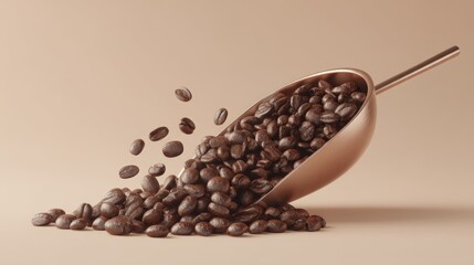 Coffee Beans Spilling from Scoop on Beige Background