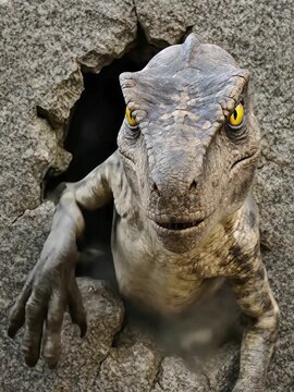 Realistic Dinosaur Cracking Through Stone Wall