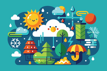 Fototapeta premium Vector art of weather forecast with sun, cloud, rain, snow, wind, and trees on a blue background vector illustration