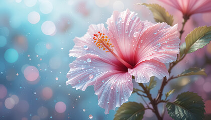 ai generator pink hibiscus flower with water drops in soft pastel tones for wedding invitation card design.
